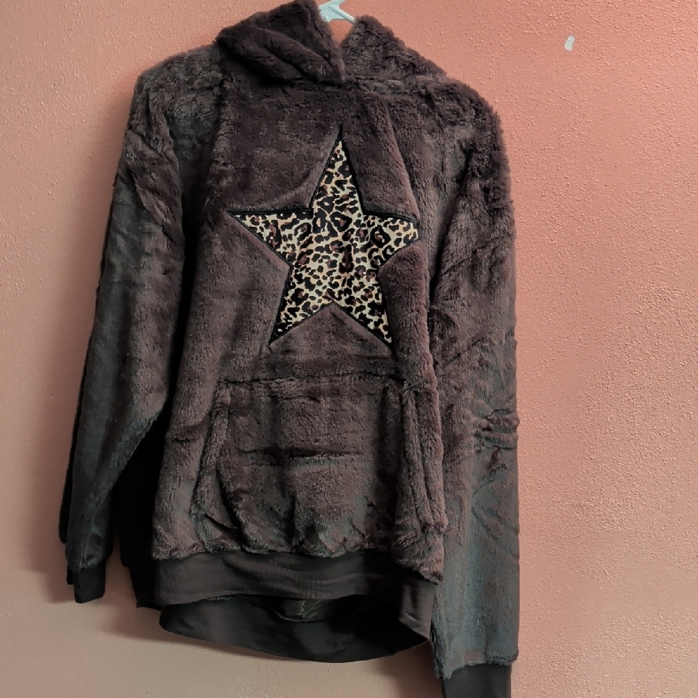 No Boundaries Dark Brown Faux Fur Hoodie with Leopard Star